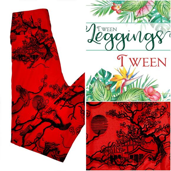 LuLaRoe Tween Leggings Red Black Pagoda Cherry Blossom Lunar New Year Asian Soft - Picture 8 of 8